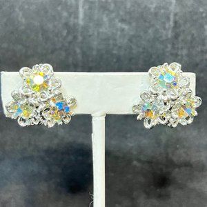 Vintage Silver Tone Aurora Borealis Flowers Clip On Earrings (3557)
